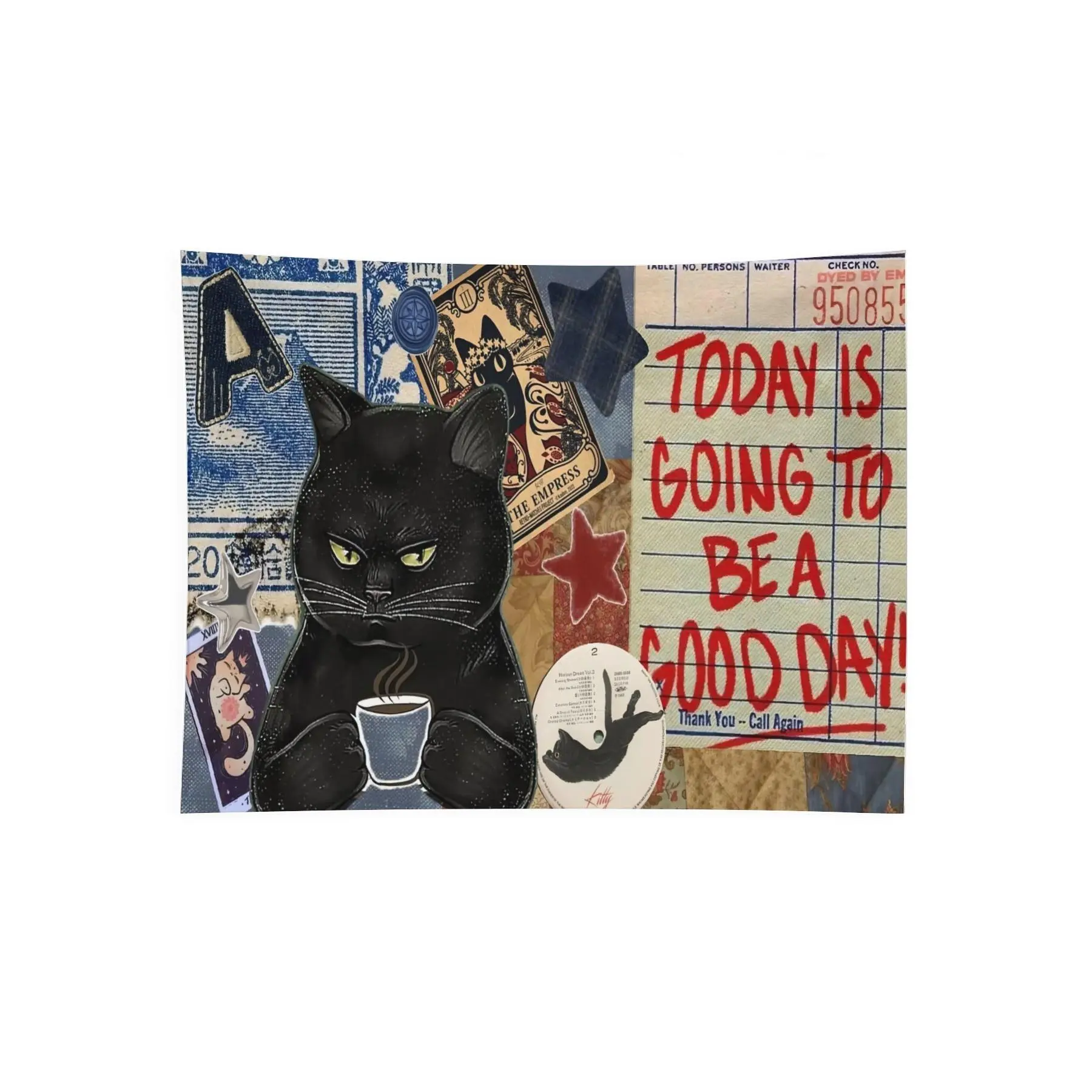 Good Day Black Cat Coffee Collage Wall Tapestry, Vintage Tarot Y2K Aesthetic Bedroom Dorm Kitchen Decor