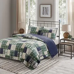 360 Stand Timber Reversible Printed Patchwork Quilt Set - King/California King Size 3-Piece, 104x94x0.25in Green & Navy Bedroom Decorative Bedding Set, Bedroom Bedding Set