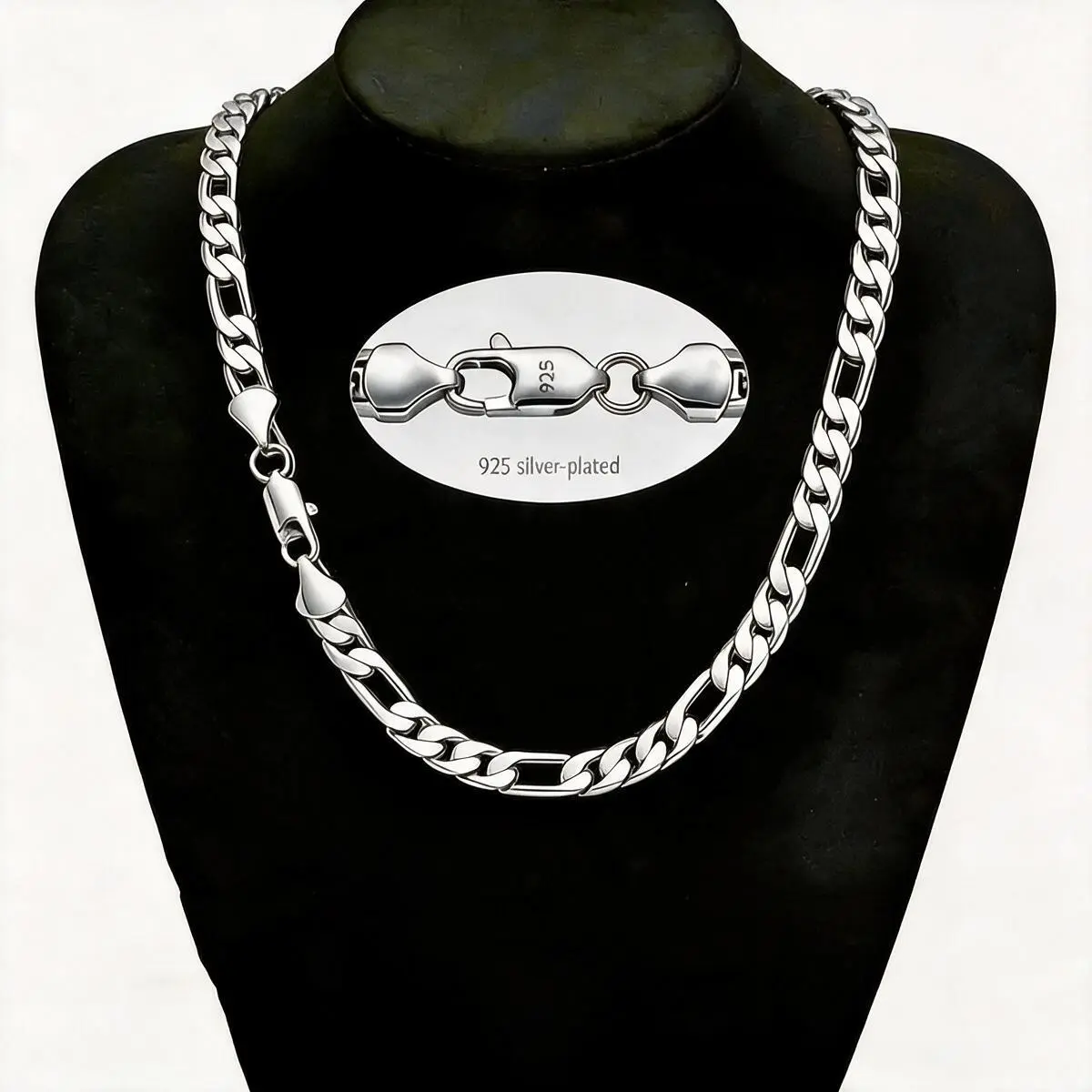 925 Silver Plated Figaro Chain Necklace - 6mm/8mm/10mm/12mm Width, 20-30in Length, Tarnish-Proof Hypoallergenic Tarnish Proof Jewelry, 3-in-1 Link Structure, Mirror Polish, Stacks Easy, Unisex Hip Hop Daily Wear, Minimalist Layering Gift, Anniversary, Bir