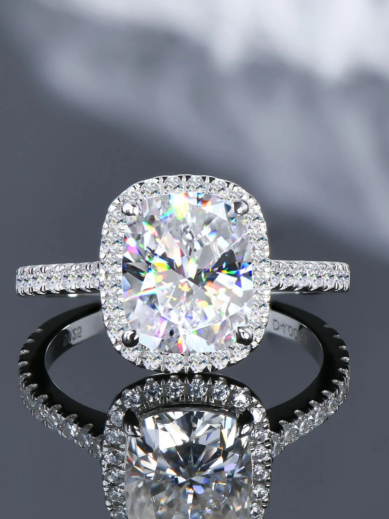 S925 silver 4-carat cushion shaped moissanite ring, a diamond engagement jewelry crafted by Redion Bright Cutting Laboratory, suitable for daily wear as a commemorative gift