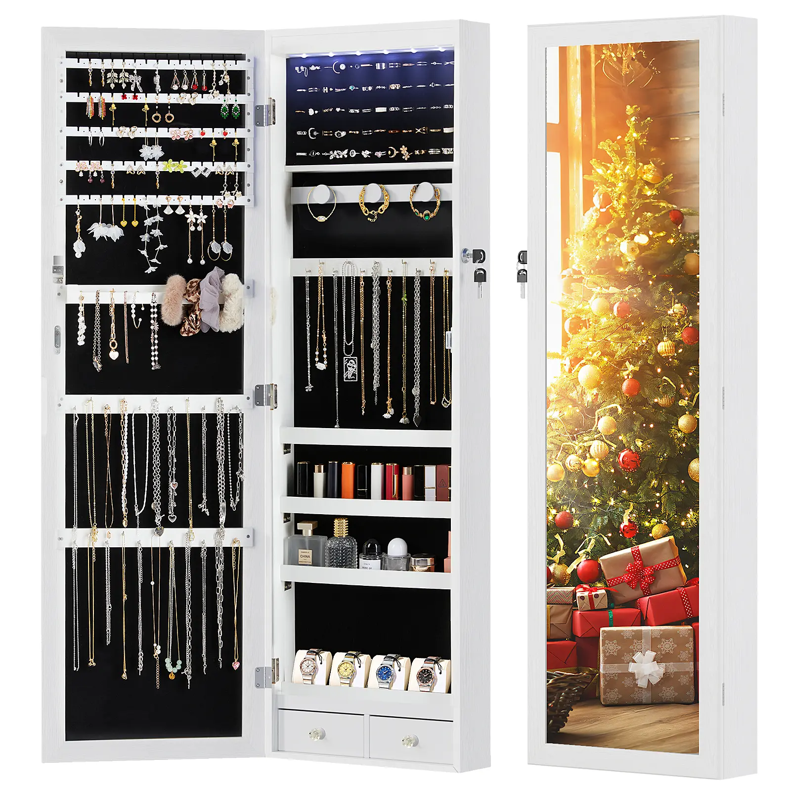 Full-Length Mirror Jewelry Cabinet, Wall or Door Mount, Organizer Armoire with Built-in Makeup Mirror, Lockable Storage with 2 Drawers,Good Gift Idea