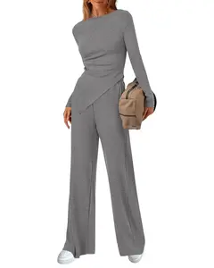 BTFBM Two-Piece Sets For Women 2026 Asymmetrical Boat Neck Wide Leg Pants Lounge Set Airport Outfits Fall Clothes