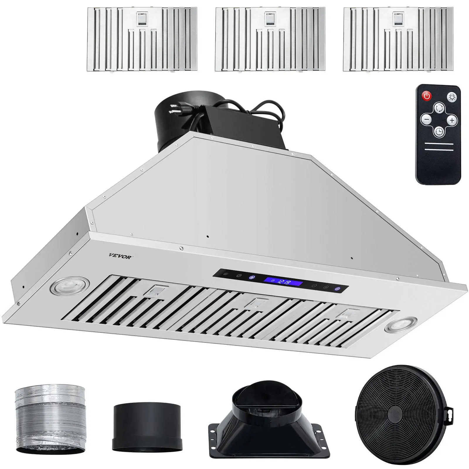 【Summerfinds】VEVOR Durable 36-Inch Built-In Insert Range Hood, 900CFM 4-Speed Stainless Steel Kitchen Vent, Touch & Remote Control, LED Lights, Baffle Grease & Charcoal Filters, Ducted/Ductless Convertible, ETL Listed, Charcoal Filter, 3W Warm Led Lig, Mu