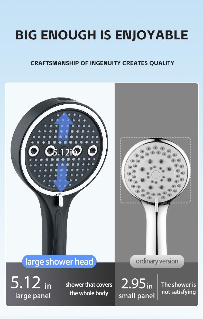 High Pressure Handheld Shower Head Combo, 5.12 Inch Rain Showerhead with 6 Spray Modes, Long Hose & Holder, Wall-Mounted Bath System, Polished/Matte Black, Works Great with Low Water Pressure, Ideal for Modern Bathroom Showers