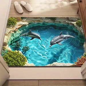 Dolphin Printed Carpet Waterproof Anti-Slip Machine Washable Floor Mat Quick Drying Rug Bathroom Drying Doormat for Living Room and Bathroom