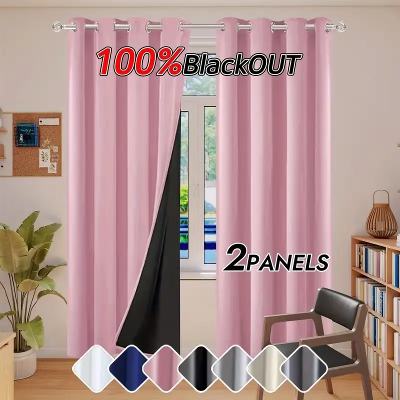 2Pcs Solid Color 100% Blackout Curtains for Bedroom, Living Room & Office, Home Decoration Curtain, Home Decorative Curtain, Blackout Window Cover