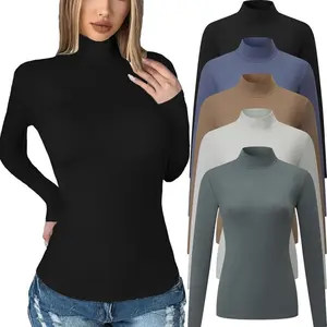 5-Pack Women’s Long-Sleeve Mock Turtleneck Tops – Fall Stretch-Fit Basic T-Shirts, Lightweight Thermal Shirts