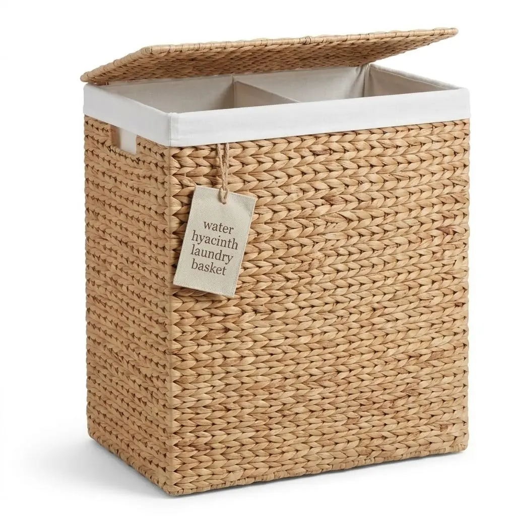 DEILSY Natural Water Hyacinth 2-Section Hamper with Lid and Removable Liner Bags, Decorative Laundry Hamper, Handwoven Wicker Laundry Basket with Handles for Bathroom, Bedroom, or Laundry Room