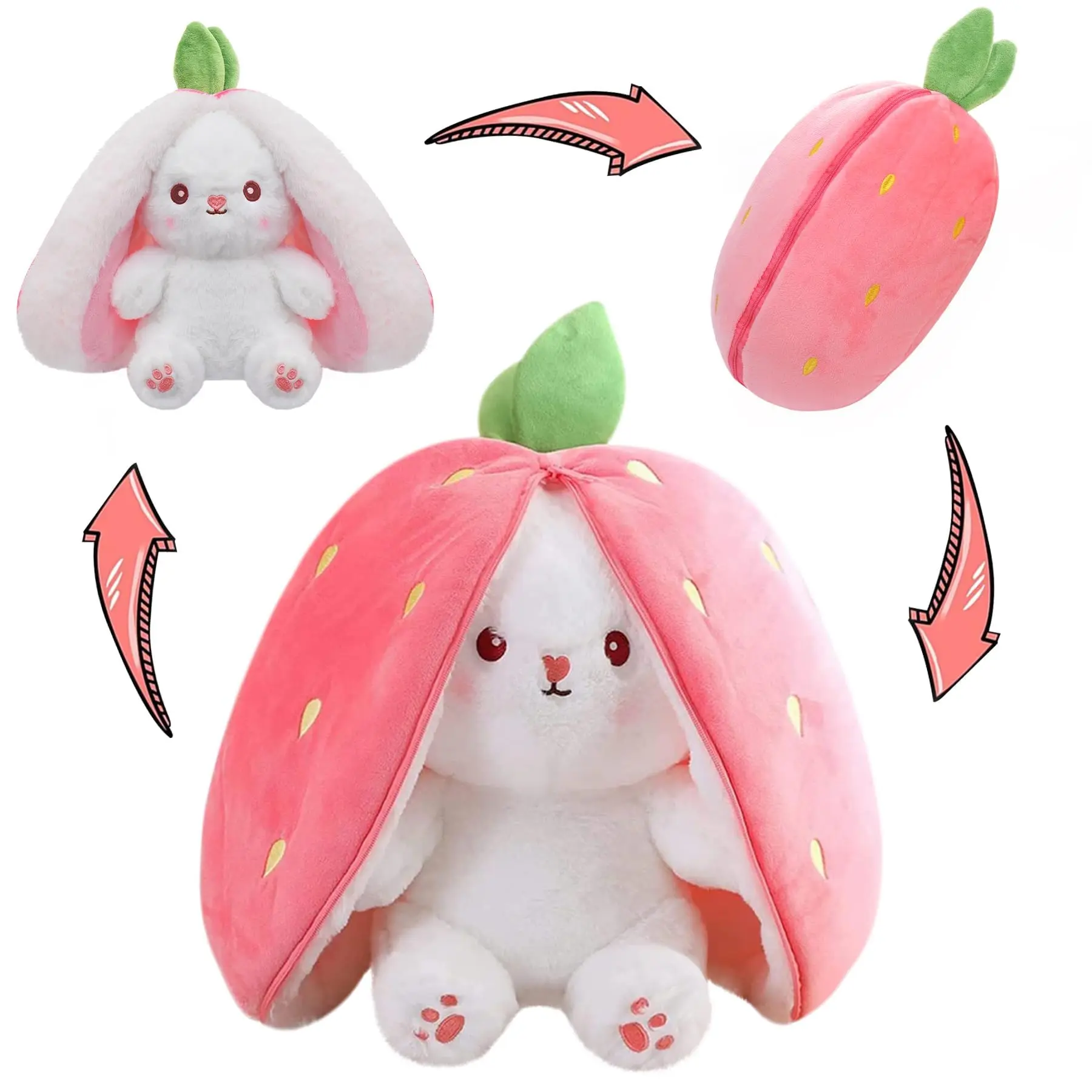 Bunny Stuffed Animal Reversible Cuddle Bunny Stuffed,Christmas Strawberry Bunny Transformed Rabbit Plush Zipper,Turns Into Ears Bunnies Plushies Toy Cute Stuffy Doll Easter Girlfriend Gift