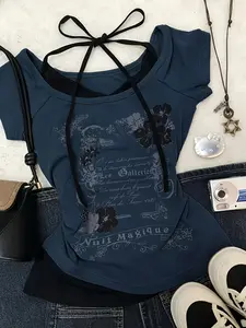 Y2K Style French Vintage Blue Print Short Sleeve Top, Halter Neck Detail, Shoulder Tie Waist Cinch, Sweet Cool Girl Design T-Shirt