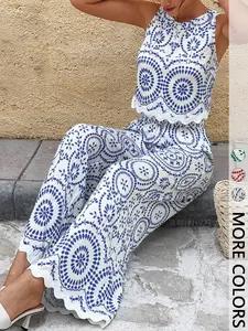 Women's Sleeveless Printed Short Top & High Waist Wide Leg Pants Set, Summer Lightweight Breathable, Fan Trim Detail, Bohemian