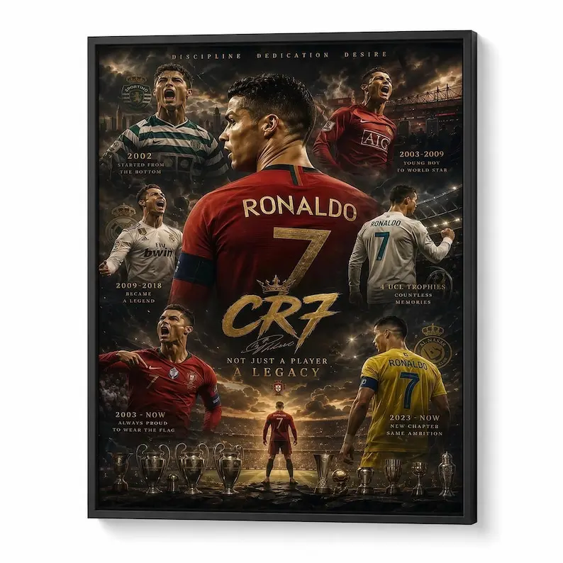 Cristiano Ronaldo CR7 Career Timeline Poster, Football Legend Wall Art