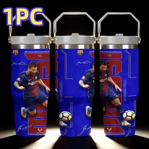 1pc 30oz Messi Barra No.10 stainless steel sports insulated cup - Red and Blue home team signature fully printed - Portable handle & straw - Exclusive for sports fans - Large capacity outdoor water cup