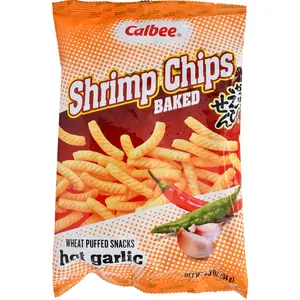 Calbee Savory Spicy Shrimp Chips - Hot Garlic Flavor, 3.3oz Snack Pack, Crispy Crunchy Snacks, Gluten-Containing