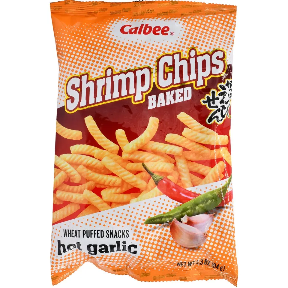 Calbee Savory Spicy Shrimp Chips - Hot Garlic Flavor, 3.3oz Pack, Crunchy Flavorful Japanese Snack, Gluten-Containing Crisps & Puffed Snacks, Crunchy Flavorful Snack, Japanese Snacks