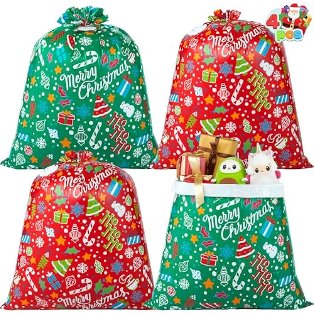 JOYIN Christmas 4 Pcs Jumbo Gift Bags, Extra Large Heavy Duty 44 x 36 Drawstring Xmas Present Bag with Tags for Big Gifts, Christmas Season, Gift Giving, Holiday Presents or Decorations