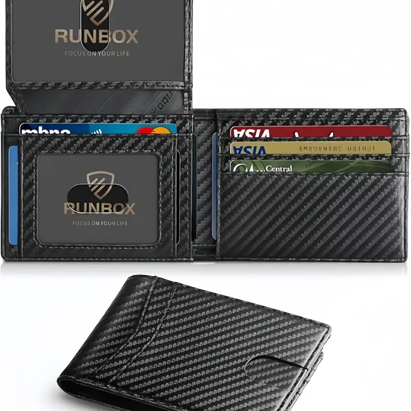 Men's 2026 Chic Casual Slim Bifold RFID Blocking Carbon Fiber Wallet - 11 RFID Card Slots, Minimalist Leather Holder, Black Recto Verso Design, Ultrathin Carry, Modern Edge, Gifts for Boyfriend, Card Data Shield, Gift Box, Men's Accessories