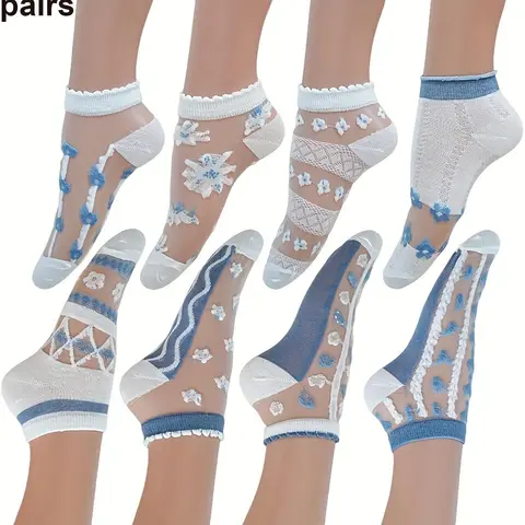 Women's Casual Fashion Floral Pattern Short Socks, Breathable Soft Fabric, Summer Fitted Design, 8/10 Pairs Pack, Sock Set, Daily Wear Comfort, Elegance, Casual Knit Socks, Knitted Socks