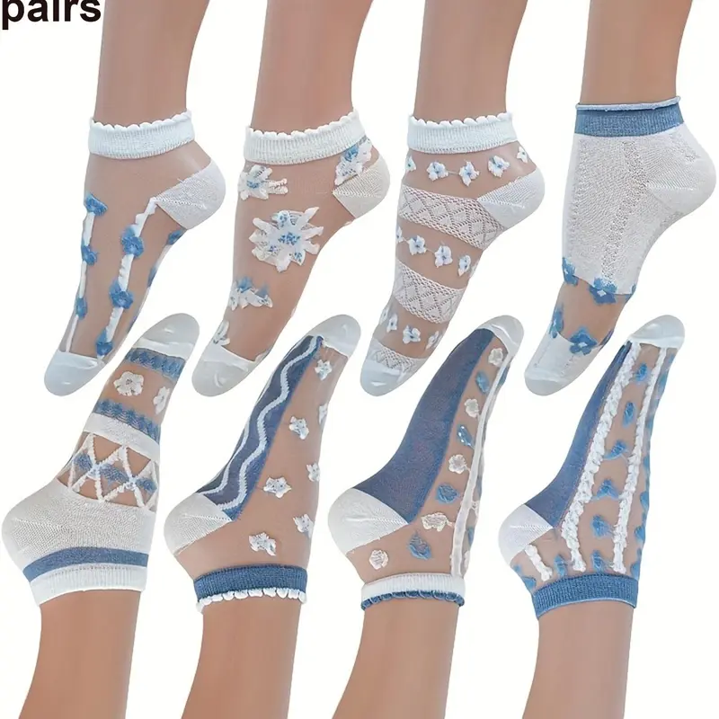 Women's Casual Fashion Floral Pattern Short Socks, Breathable Soft Fabric, Summer Fitted Design, 8/10 Pairs Pack, Sock Set, Daily Wear Comfort, Elegance, Casual Knit Socks, Knitted Socks