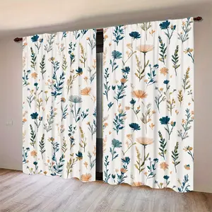 2 Piece Set Small Fresh Plant Floral Digital Print Curtains, Half Light Blocking Polyester Home Textile Drapes for Bedroom Living Room Office Home Decor Window Curtain, Home Decoration Curtain