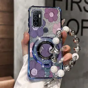 A53 Elegant Purple Flowers Transparent Magnetic Glitter Pearl Strap Lanyard Phone Holder Case with Elegant Cover Compatible with For Oppo A53