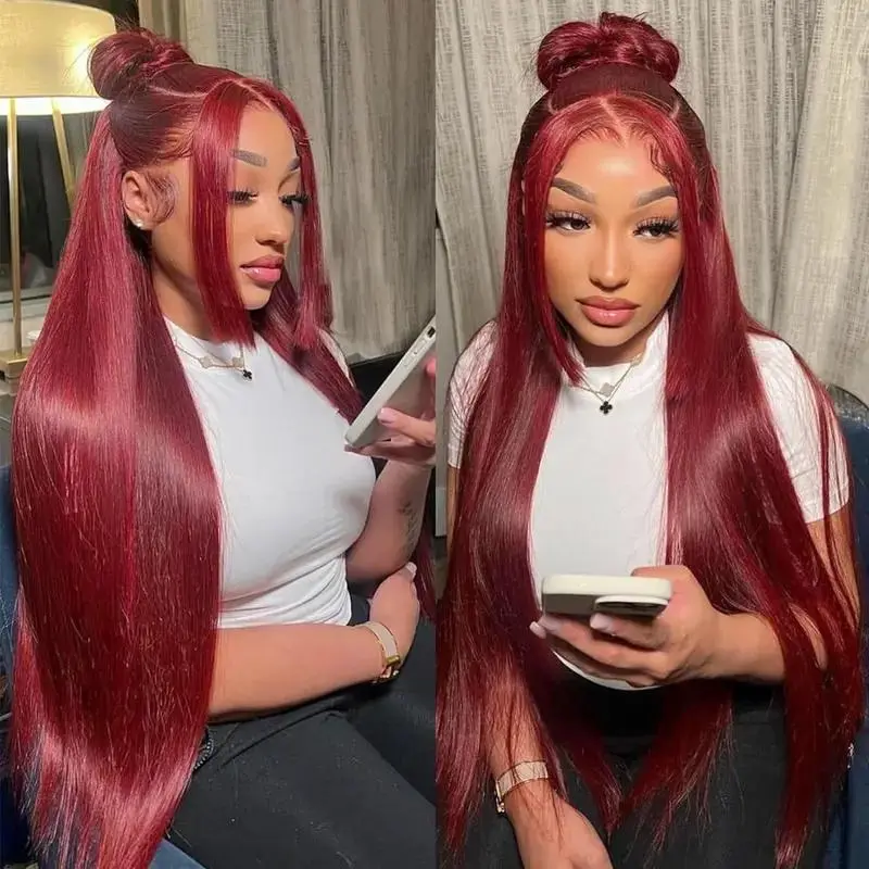 Burgundy 99J Lace Front Wig Straight 13x6 HD Lace Frontal Wig Human Hair For Women Pre Pluched Colored Lace Wig 180% Density