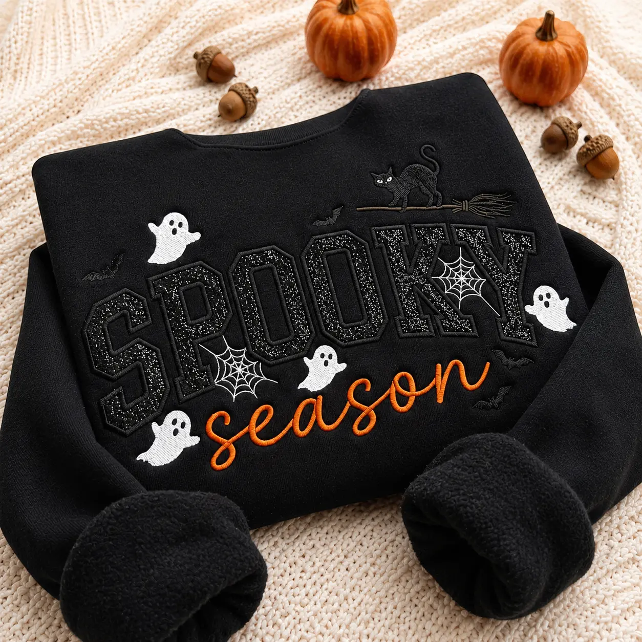 Spooky Season Embroidered Sweatshirt, Black Glitter Applique Crewneck, Ghost Halloween Sweatshirt, Cute Fall Pullover Gift
