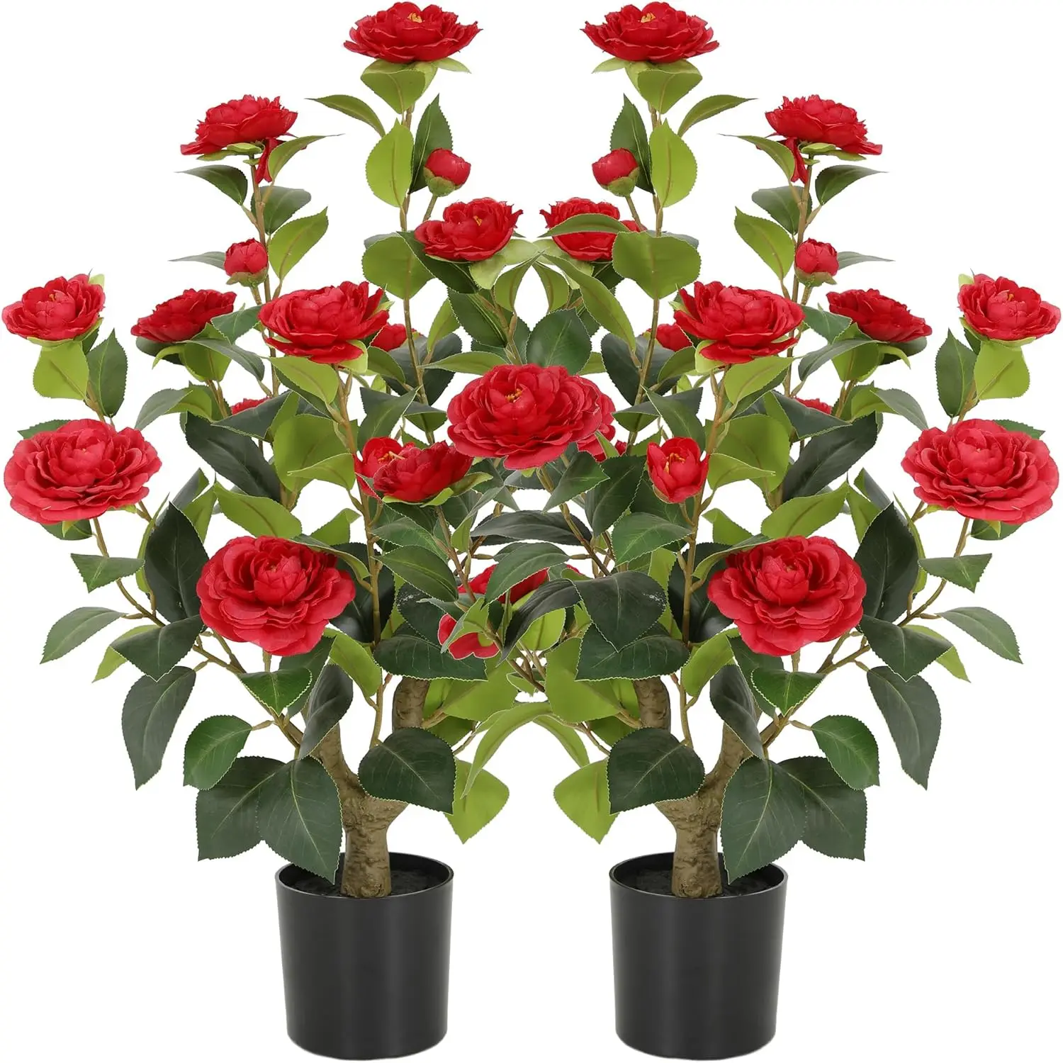 2 Pack 40."/3.2FT Artificial Camellia Tree Fake Outdoor Tree with Blooming Flowers White Tree for Home Front Door Winter Christmas Indoor Decor (Including Faux Moss)