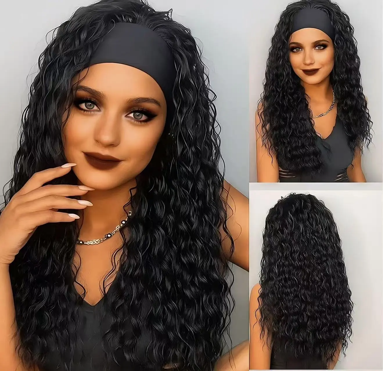 Headband-style Small Curly Long Wig | Must-Have for European and American Baddies | Lazy Girl No-Fuss Natural Fluffy Wig Cap Convenient Wigs Hairstyle Wigs Glueless Wavy Wig Black Wig