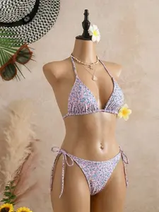 Women's Fashion Comfortable Two-Piece Bikini Set, Small Floral Print, Ideal Beach Vacation Swimwear, Stylish and Comfy Bathing Suit, Floral Print Bikinis, Floral Print Swimsuits, Summer Swimsuit Set