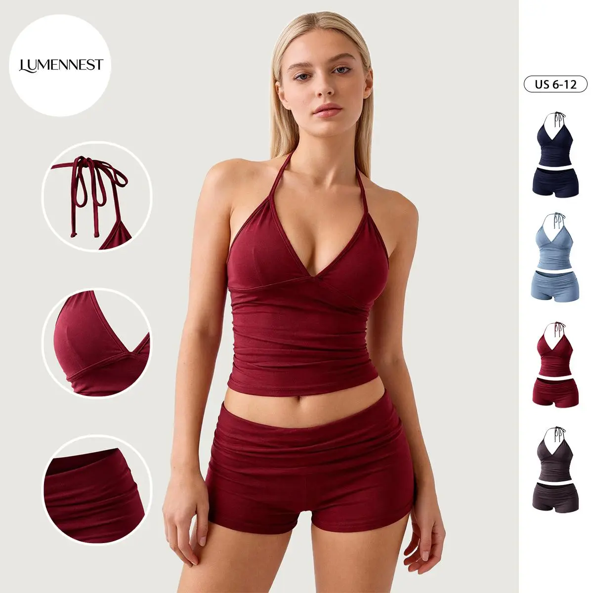 KatchMe Women's Sporty Adjustable Halter Stretch Cropped Camisole & Folded Waist Shorts Co-ord, Workout Backless Solid Color Tracksuit, Chic Two Piece Outfits