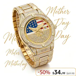 Iced Out Gold US Flag Eagle Watch Diamond Quartz Watch Luxury Stainless Steel Wristwatch Unisex Waterproof Analog Watch Gold Tone Bracelet Watch Statement Wristwatch Durable Metal Band Watch Casual Daily Wear Watch Gift for Men Women Flash Sale