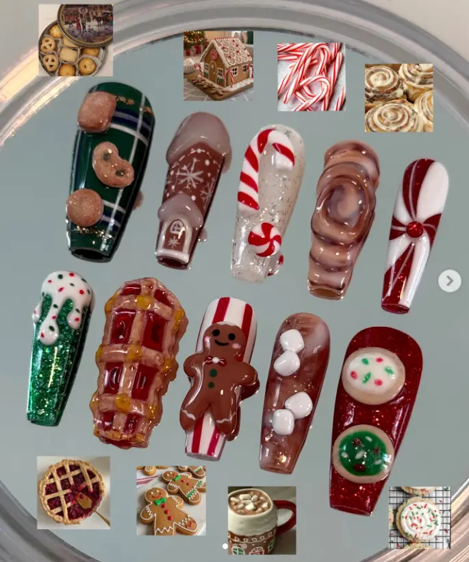 Christmas Dessert Press On Nails, Long Coffin Gingerbread Candy Cane Cookie Hot Cocoa Nail Set, Cute Holiday Gift for Her
