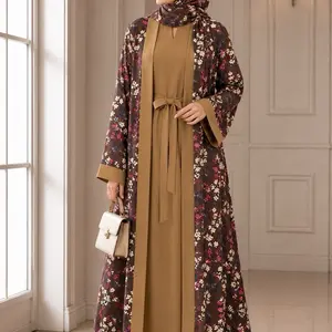 Women's 4-Piece Floral Printed Abaya Set - Traditional Style Elegant Dubai Muslim Dress, Islamic Modesty Clothes, Plain Inner, Scarf, Belt, Full High-Coverage, Default Medium Size