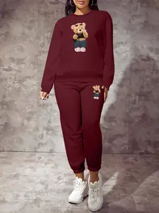 Women's Cartoon Bear Print Sweatshirt Set, Casual Fitted Long Sleeve Top & Jogger Pants, Spring & Fall Fashion Clothes