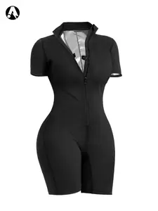 Women's One-Piece Sauna Sports Jumpsuit, Zip-Up Yoga Romper, Tight-Fit Above-Knee Sporty Style, Short Sleeve Summer, Workout Jumpsuit