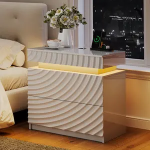 Lvifur Nightstand with Charging Station, Bedside Table with 3-Color LED Lights and Human Sensor