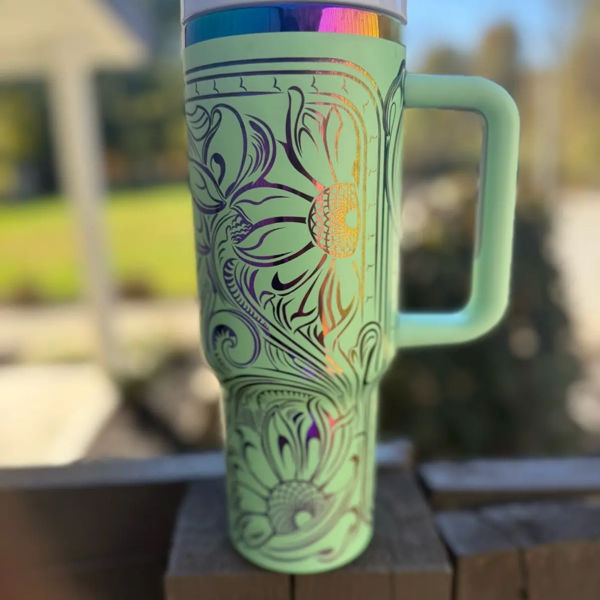 Engraved Tooled Leather & Sunflower designed 40 oz tumbler Drinkware