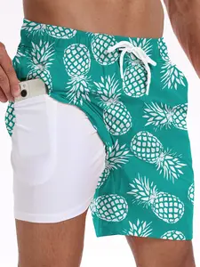 Men's Pineapple Print Quick-Dry Beach Shorts with Inner Lining, Safe Phone Pocket, Summer Swimming Trunks, Casual Fitted Style
