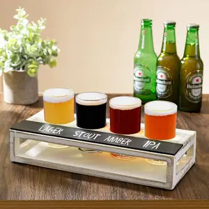 Whitewashed Solid Wood Beer Flight Holder Sampler Tasting Tray Serving Set with 4 Glasses and Erasable Chalkboard Label