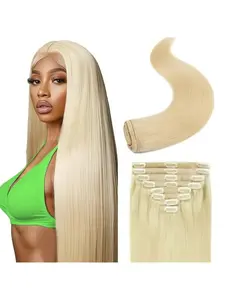 #613 Bleach Blonde Clip in Hair Extensions - 14-28 Inch 8 Pcs Remy Human Hair, Seamless Double Weft, Invisible Clips for Women