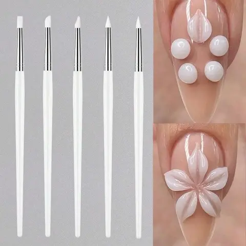 5pcs Silicone Press Nail Art Pen Set Pink White Handle Dotting Embossing Powder Applicator for Acrylic Carving 3D Nail Art DIY Designs Dotting Painting Pen Nail Tool Craft