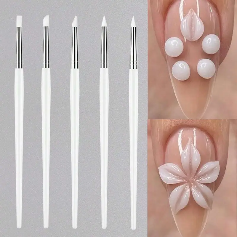5pcs Silicone Press Nail Art Pen Set Pink White Handle Dotting Embossing Powder Applicator for Acrylic Carving 3D Nail Art DIY Designs Dotting Painting Pen Nail Tool Craft