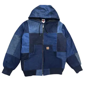 Patchwork Denim Reworked Heavyweight Coat - Hooded Insulated Zipper Close Long Sleeve Jacket Menswear Womenswear