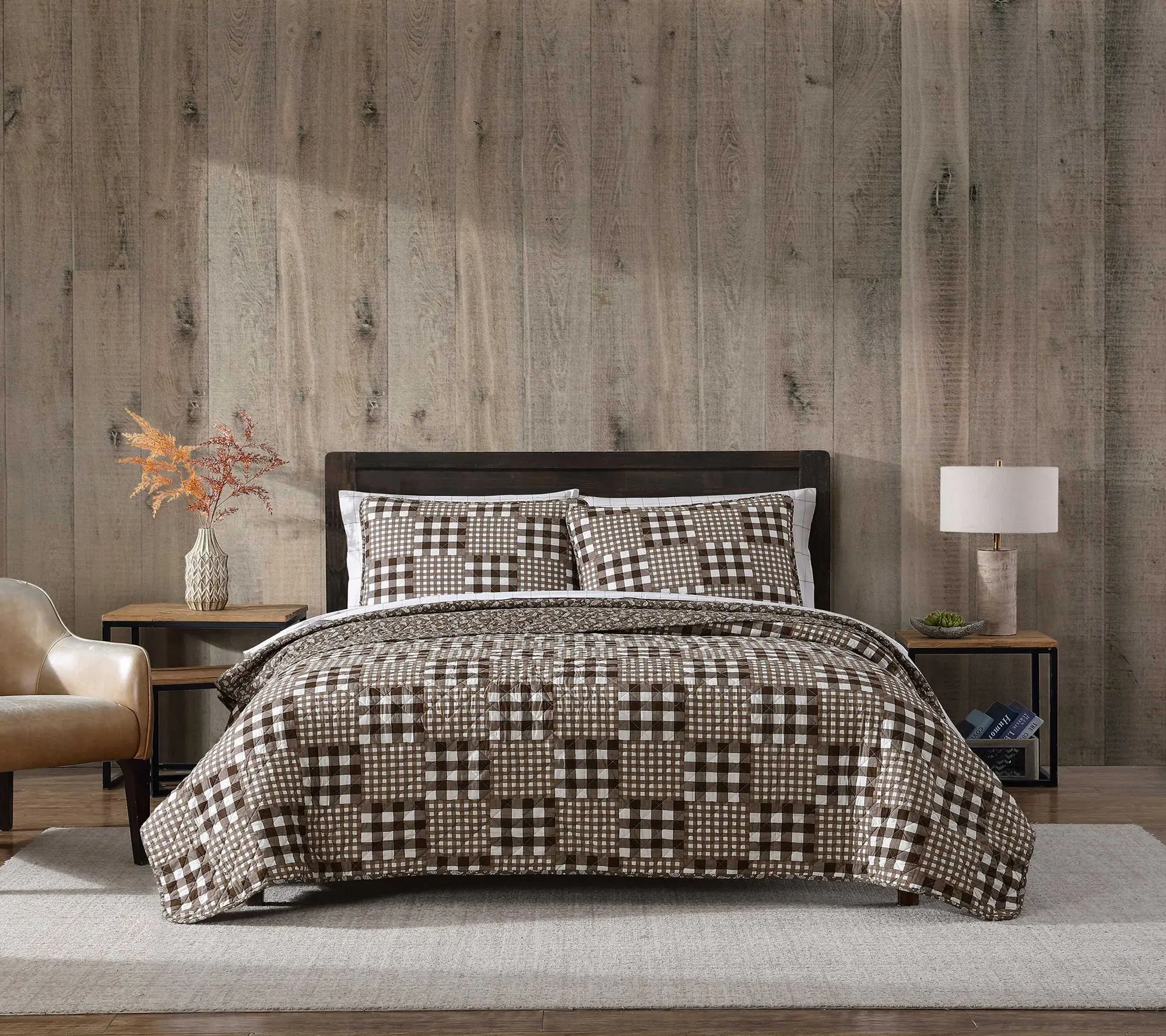 Eddie Bauer Gingham Patchwork Brown Full/Queen Quilt Set