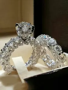 2 PC /Set Matching Rings, Sparkling Cubic Zirconia Rings For Women Trendy All-match Engagement Wedding Promise Ring Ladies Fashion Jewelry for Party Daily Clothing Decor Accessories as Anniversary Valentine's Day Gift for Girlfriend