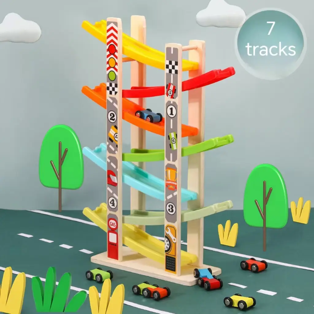 EDUTREE Toddler Toys Wooden Car Ramp Racer Toy Vehicle Set with 7 Tracks Mini Cars Race Tracks Montessori Inspired Gift for Boys Girls Play Playset Tricycle Remote Control Car Rc Model Car, Mother's Day