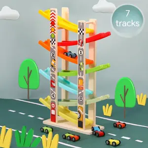 EDUTREE Toddler Toys Wooden Car Ramp Racer Toy Vehicle Set with 7 Tracks Mini Cars Race Tracks Montessori Inspired Gift for Boys Girls Play Playset Tricycle