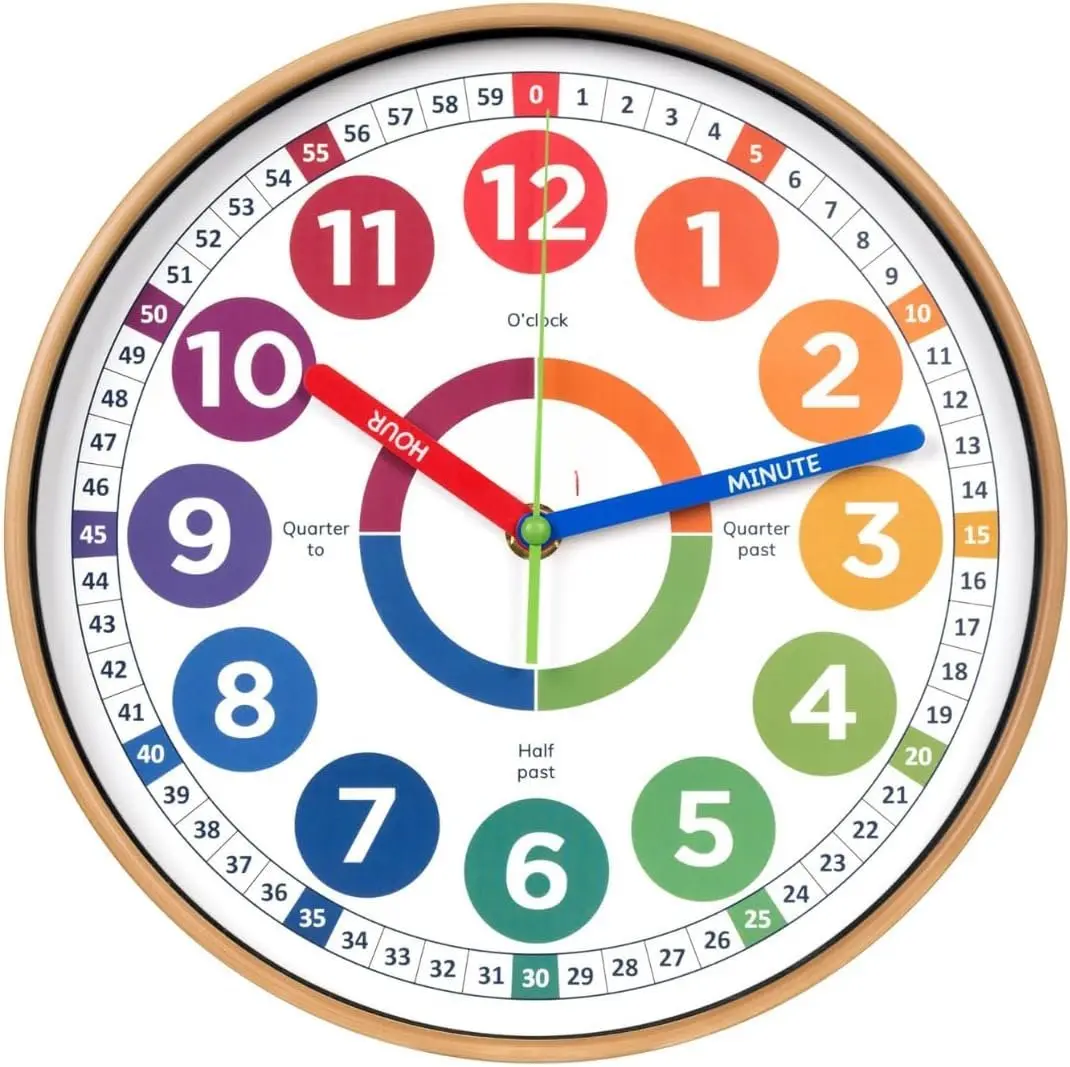 Learning Wall Clock - Silent Non-Ticking Analog 10 Inch Teaching Clock for Classrooms & Bedrooms - Makes Telling Time Easy for