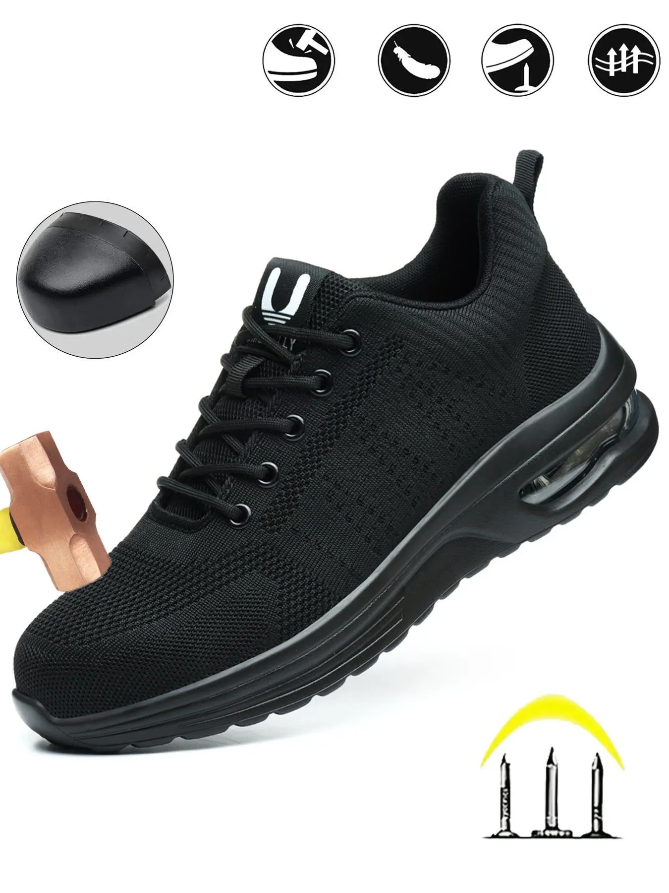 Men's Casual Lace-Up Low-Top Steel Toe Protective Work Shoes, Safety Work Footwear, Lightweight Breathable Anti-Puncture Air Cushion Safety Trainers for Daily Wear